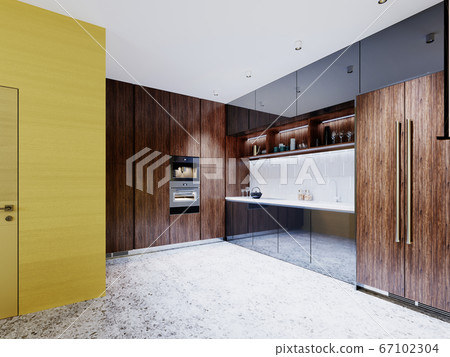 Yellow kitchen interior with a large round mirror Yellow kitchen interior with a large round mirror 67102304
