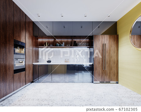 Yellow kitchen interior with a large round mirror Yellow kitchen interior with a large round mirror 67102305