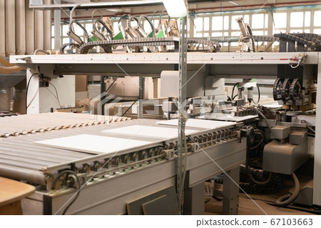 Conveyor belt with chipboard parts on factory 67103663