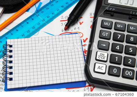 business office desk closeup - financial reports, 67104360