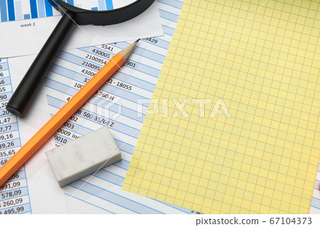 business office desk closeup - financial reports, 67104373