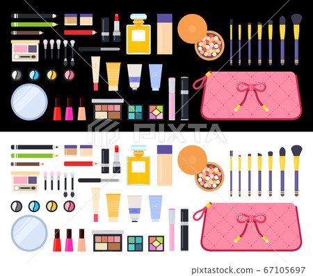 Nail polish, mascara, lipstick, eye shadows, brush, powder, lip gloss, handwritten lettering vector flat icons. Isolated on white and black 67105697