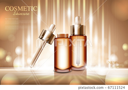 cosmetic product poster, bottle package design with moisturizer cream or liquid, sparkling background with glitter polka, vector design. 67111524
