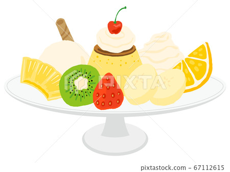 Pudding a la mode with fruits and ice cream 67112615