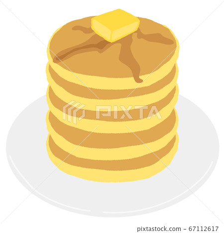 Five-tiered pancakes with butter and syrup 67112617