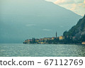 Amazing mountain landscape of Como lake and village of Varenna at early morning, Province of Lecco, Italy. 67112769