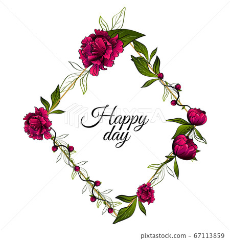 rhomboid frame of purple peonies leaves and words happy day 67113859