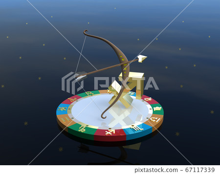 CG illustration Sagittarius, a horoscope character on a platform that represents four attributes 67117339