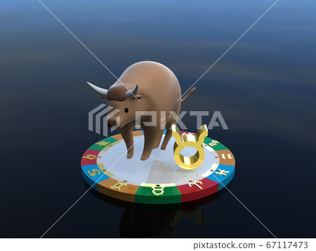 CG illustration Taurus, a horoscope character on a platform that represents four attributes 67117473