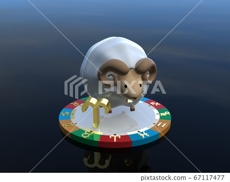 CG illustration Astrological character Aries on a pedestal representing four attributes 67117477