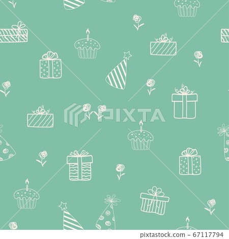 Hand drawn doodle sketch with gift boxes and cupcake on green background,seamless pattern for decorative,celebrate party,print or wrapping paper Hand drawn doodle sketch with gift boxes and cupcake on green background,seamless pattern for decorative,celebrate party,print or wrapping paper 67117794