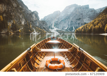 Traditional rowing boat at Lago di Braies in the Dolomites, South Tyrol, Italy Traditional rowing boat at Lago di Braies in the Dolomites, South Tyrol, Italy 67120909