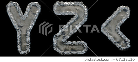 Set of capital letters Y, Z and symbol left angle bracket made of industrial metal isolated on black background. 3d 67122130