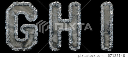 Set of capital letters G, H, I made of industrial metal isolated on black background. 3d Set of capital letters G, H, I made of industrial metal isolated on black background. 3d 67122148