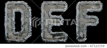 Set of capital letters D, E, F made of industrial metal isolated on black background. 3d Set of capital letters D, E, F made of industrial metal isolated on black background. 3d 67122150