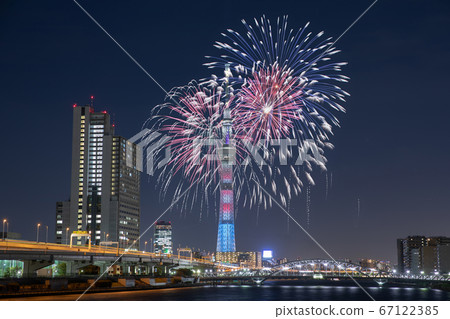 Tokyo Sky Tree and fireworks composite Tokyo Sky Tree and fireworks composite 67122385