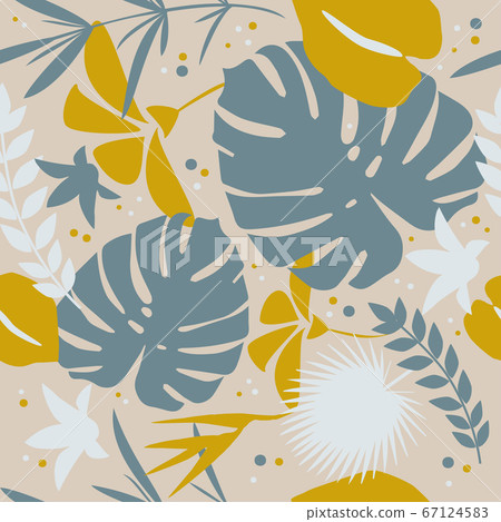 Tropical seamless pattern with exotic palm leaves. Vector illustration. 67124583