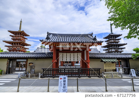 Lotus flower blooming at World Heritage Yakushiji Temple after the restoration of the east tower 67127756