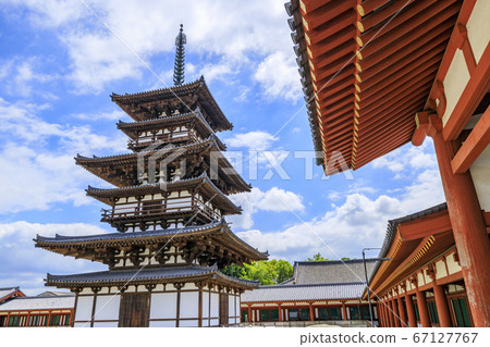 Lotus flower blooming at World Heritage Yakushiji Temple after the restoration of the east tower 67127767
