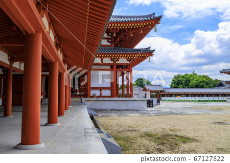 Lotus flower blooming at World Heritage Yakushiji Temple after the restoration of the east tower 67127822