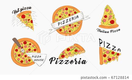 Pizza slices icons banner set. Fast hot Italian fast food juicy slices of pepperoni with mozzarella cheese. 67128814
