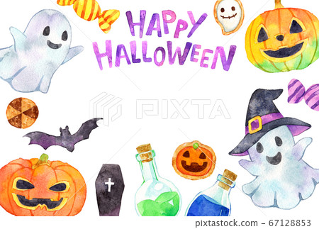 水彩_萬聖節明信片水平模板_各種圖案 67128853