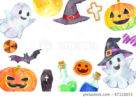 水彩_萬聖節明信片水平模板_各種圖案 67128855