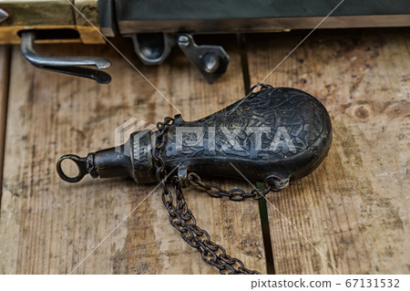 old vintage iron powder flask for charging musket 67131532