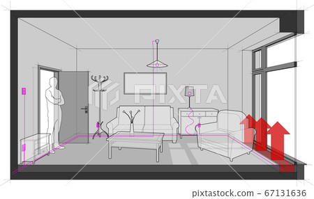 empty room with french window and floor heating and with electric installations and furniture  67131636