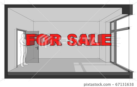 diagram of a empty room with door and tall window and text FOR SALE 67131638