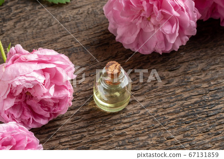 A bottle of essential oil with rose de mai flowers A bottle of essential oil with rose de mai flowers 67131859