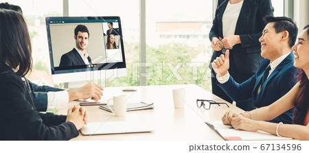 Video call group business people meeting on virtual workplace or remote office 67134596