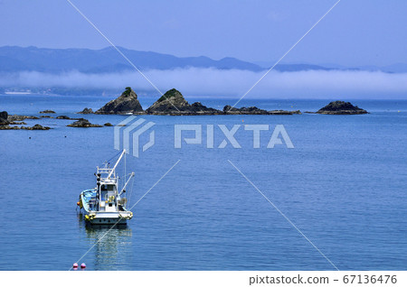 Sanriku Reconstruction National Park Michinoku Shiokaze Trail Shizugawa Bay Sea fog fluttering at the tip of a reef in Kotohama, Minamisanriku Town 67136476