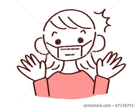 舉的兩隻手驚訝的年輕女子戴著口罩 67136755