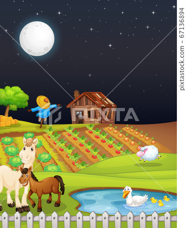 Farm scene with barn and horse at night Farm scene with barn and horse at night 67136894