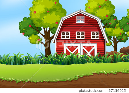 Farm in nature scene with barn and apple tree 67136925