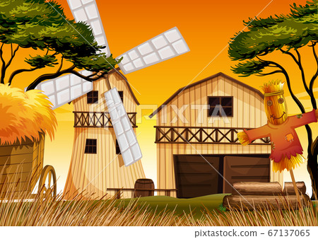 Farm scene in nature with barn and windmill and 67137065