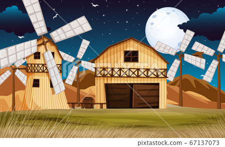 Farm scene with barn and mill at night Farm scene with barn and mill at night 67137073