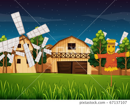 Farm scene with barn and mill and scarerow at Farm scene with barn and mill and scarerow at 67137107