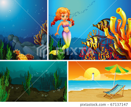 Four different scene of tropical beach and mermaid Four different scene of tropical beach and mermaid 67137147