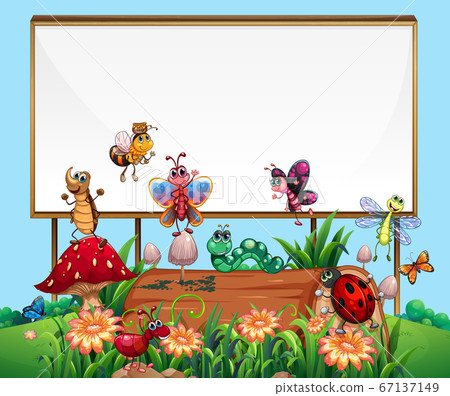 Blank board sign in garden with animal garden set - Stock Illustration ...