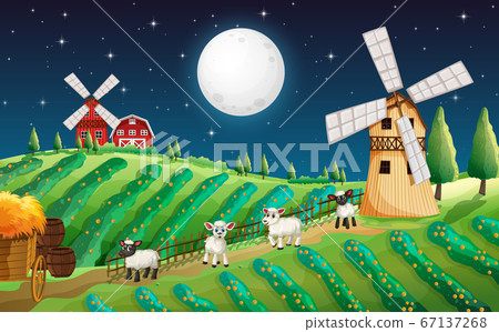 Farm scene with cute sheep and mill at night Farm scene with cute sheep and mill at night 67137268