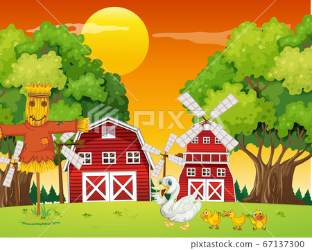 Farm scene in nature with barn and windmill and Farm scene in nature with barn and windmill and 67137300