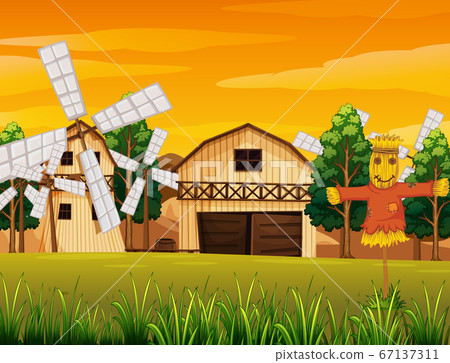 Farm scene in nature with barn and windmill and 67137311