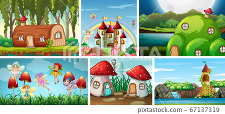 Six different scene of fantasy world with fairies 67137319