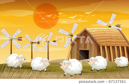 Farm scene in nature with barn and windmill and Farm scene in nature with barn and windmill and 67137361