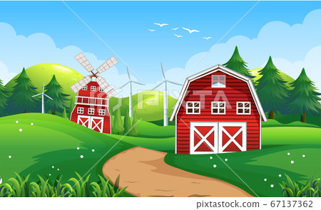 Farm scene in nature with barn and windmill 67137362