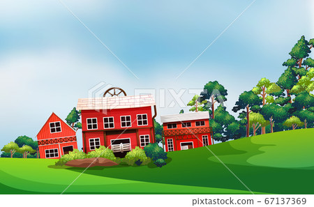 Farm in nature scene with barn and farm house Farm in nature scene with barn and farm house 67137369