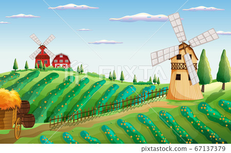 Farm in nature scene with barn and windmill Farm in nature scene with barn and windmill 67137379