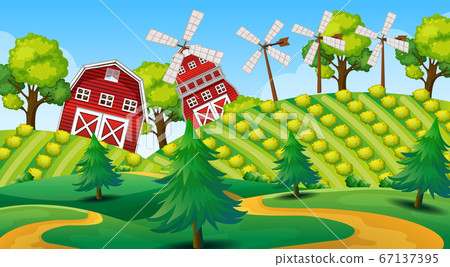 Farm scene in nature with barn and windmill and 67137395